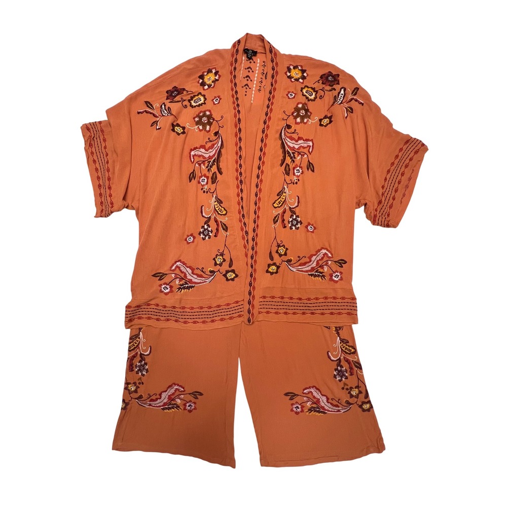 Curations Terracotta Orange Embroidered Kimono and Wide Leg Boho Pant Set XL/1X